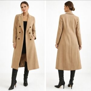 Camel Double Breasted Longline Coat Wool Look S